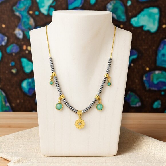πBoho Chic Two Tone 18K Gold Plated Stainless Steel Necklace Floral Charm - Picture 1 of 14